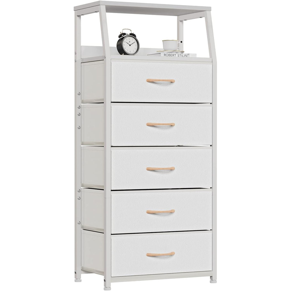 White Dresser With 5 Drawers, Vertical Storage Tower Fabric Dresser For Bedroom, Hallway, Entryway, Nursery, Closet Organizer, Nightstand Bedside Table Furniture, Sturdy Steel Frame, Wood Top