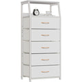White Dresser With 5 Drawers, Vertical Storage Tower Fabric Dresser For Bedroom, Hallway, Entryway, Nursery, Closet Organizer, Nightstand Bedside Table Furniture, Sturdy Steel Frame, Wood Top