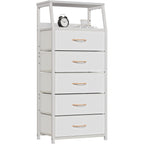 White Dresser With 5 Drawers, Vertical Storage Tower Fabric Dresser For Bedroom, Hallway, Entryway, Nursery, Closet Organizer, Nightstand Bedside Table Furniture, Sturdy Steel Frame, Wood Top