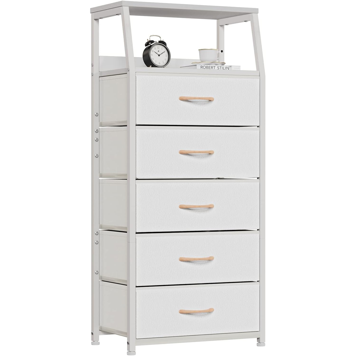 White Dresser With 5 Drawers, Vertical Storage Tower Fabric Dresser For Bedroom, Hallway, Entryway, Nursery, Closet Organizer, Nightstand Bedside Table Furniture, Sturdy Steel Frame, Wood Top