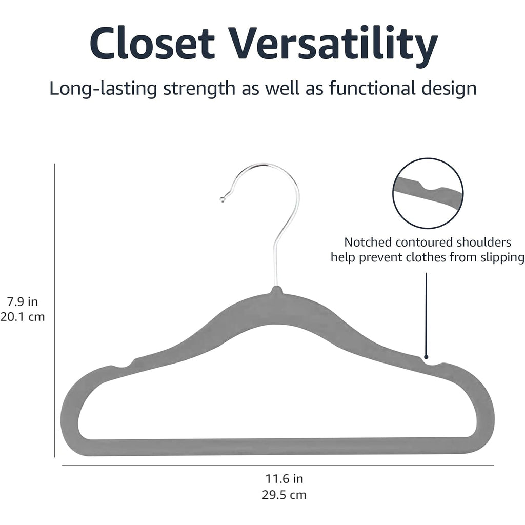 Amazon Basics Kids Velvet Non-Slip Space Saving Clothes Hangers With Shoulder Notches, Sturdy Closet Organizer For Baby/Toddler, 11.6", Gray, 30-Pack