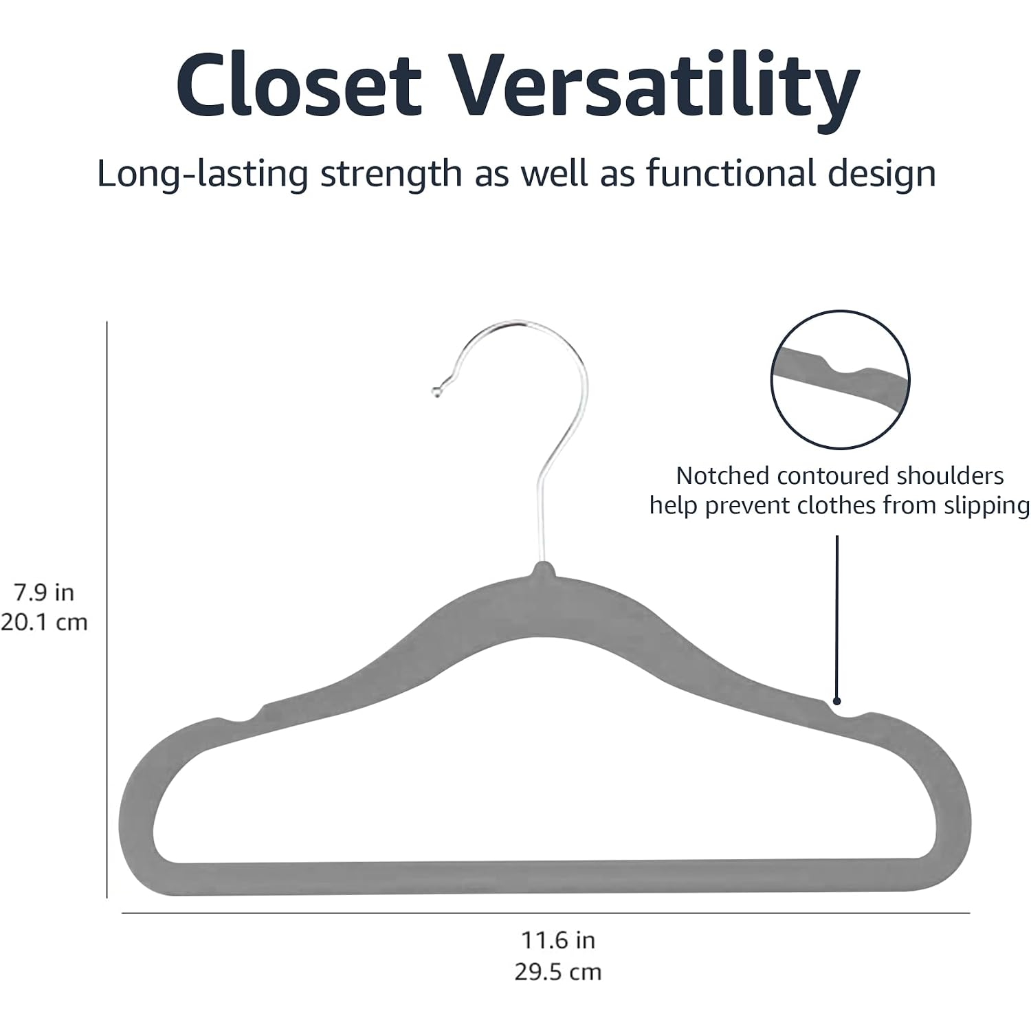Amazon Basics Kids Velvet Non-Slip Space Saving Clothes Hangers With Shoulder Notches, Sturdy Closet Organizer For Baby/Toddler, 11.6", Gray, 30-Pack