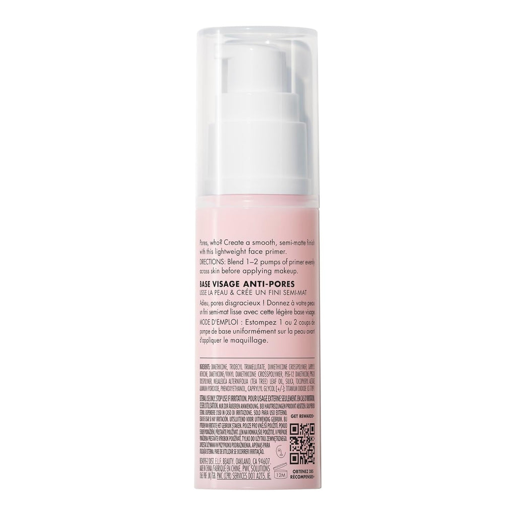 e.l.f. Poreless Face Primer - Large, Silky, Skin-Perfecting, Lightweight, Long Lasting, Absorbs Quickly, Smooths, Preps, Creates Flawless Base, Infused with Tea Tree and Vitamins A & E, 1.01 Fl Oz