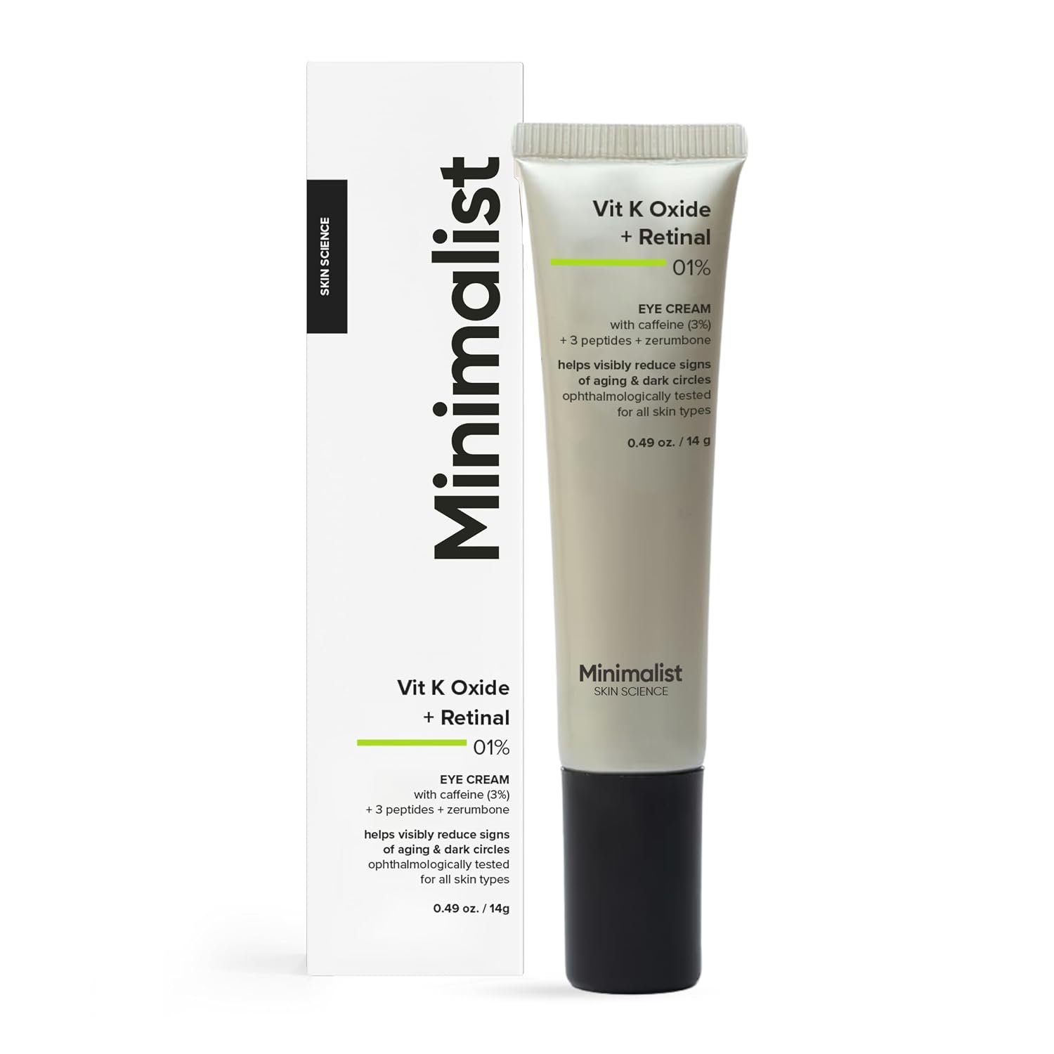 Minimalist Caffeine Eye Cream For Dark Circles, Puffiness, Bags Under Eyes, Wrinkles & Fine Lines | With Vitamin K Oxide & Retinal | For Women & Men | 0.49 Oz / 14 Gm