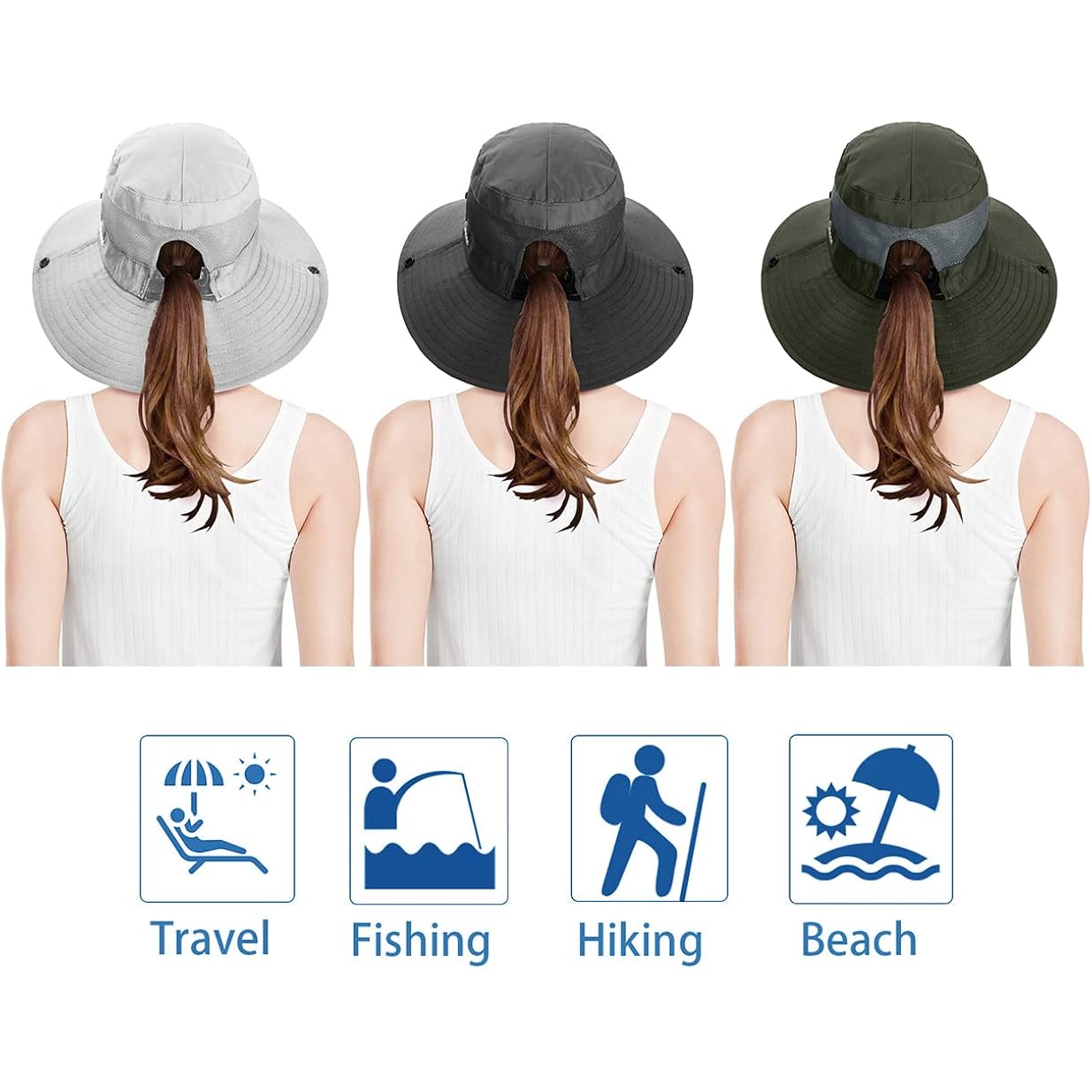 3 Pieces Womens Ponytail Wide Brim Sun Hat Packable UV Protection Beach Cap for Fishing & Hiking Gray＆army Green＆beige