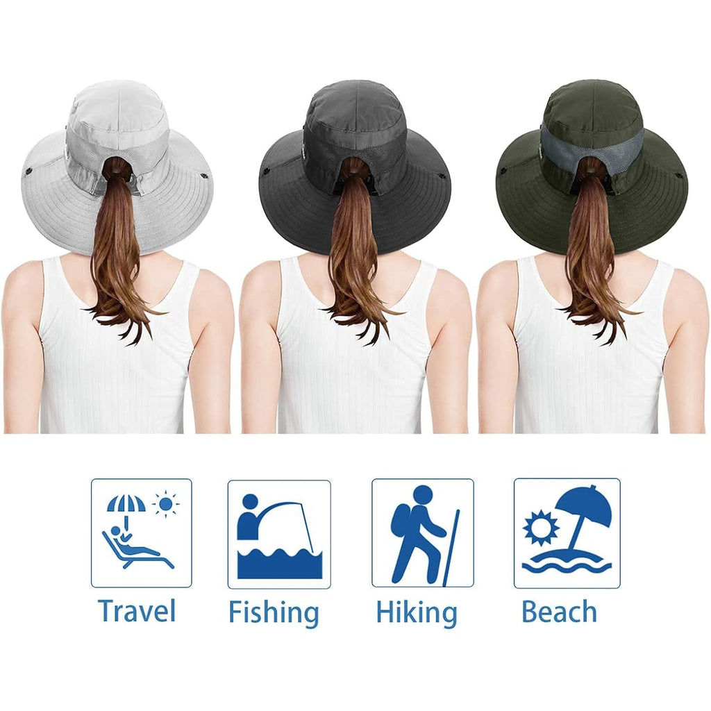 3 Pieces Womens Ponytail Wide Brim Sun Hat Packable UV Protection Beach Cap for Fishing & Hiking Gray＆army Green＆beige