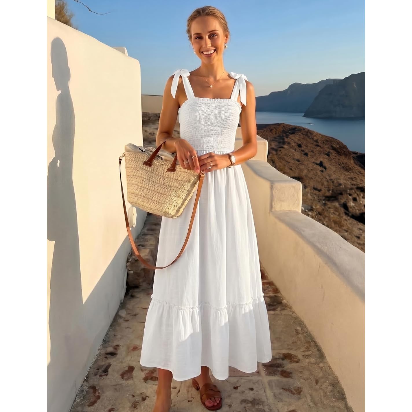Zesica Women'S 2026 Summer Boho Spaghetti Strap Square Neck Solid Color Ruffle A Line Beach Long Maxi Dress