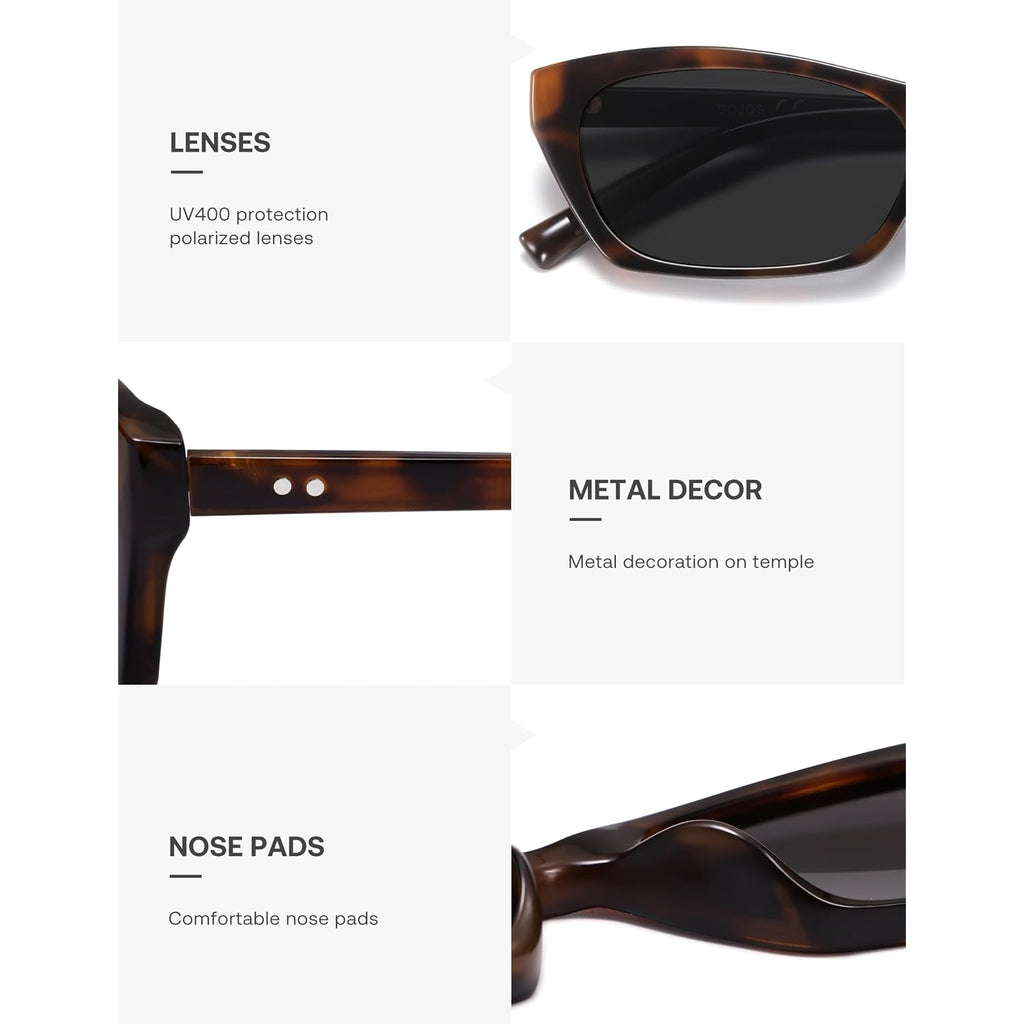 SOJOS Trendy Cat Eye Polarized Sunglasses for Women Men, Lightweight Retro 90s Y2K Small Thin Rectangle Sunnies SJ2670 Dark Tortoise/Grey