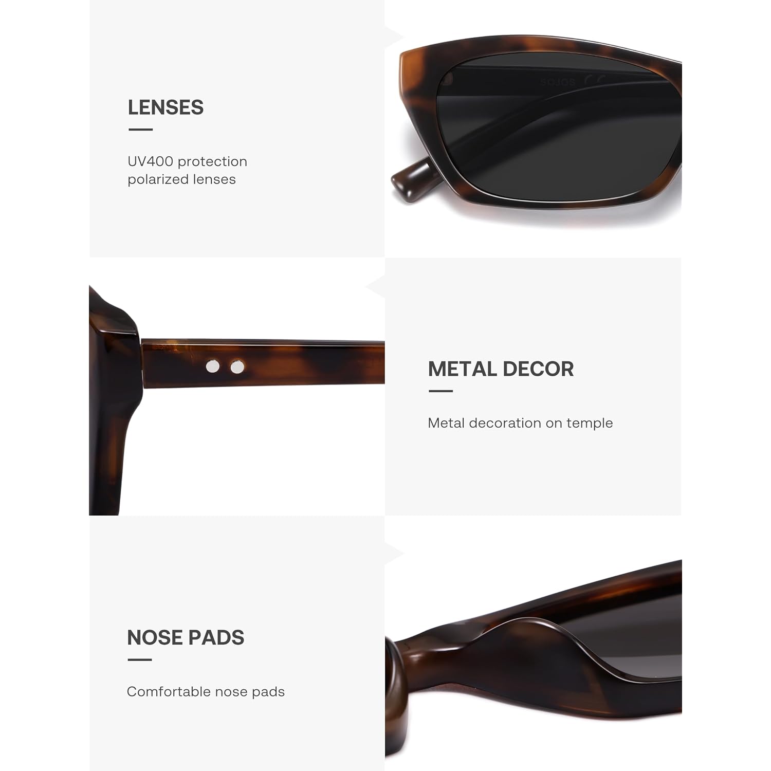 SOJOS Trendy Cat Eye Polarized Sunglasses for Women Men, Lightweight Retro 90s Y2K Small Thin Rectangle Sunnies SJ2670 Dark Tortoise/Grey