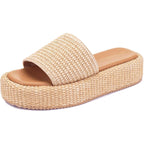 Monrovia Platform Sandals Women Raffia Espadrille Slides, Woven Straw Flatform Beach Sandals Women, Slip On Summer Vacation Shoes, Comfortable Casual Daily Wear