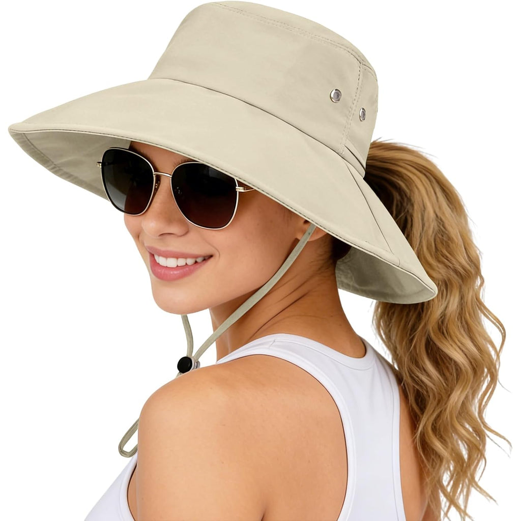 Sun Hats for Women Wide Brim Bucket Hat Ponytail, Fishing Hat UPF 50+ Packable for Beach Gardening with Fold-Up Brim
