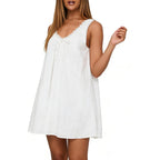 Womens Babydoll Tank Dress V Neck Swing Mini Dress Lace Trim Low Back Cute Summer Short Sundress
