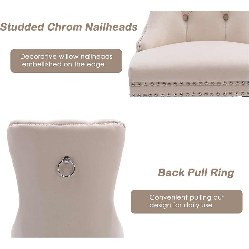 Velvet Dining Chairs Set Of 4, Upholstered High-End Tufted Dining Room Chair With Nailhead Back Ring Pull Trim Solid Wood Legs, Nikki Collection Modern Style For Kitchen, Beige