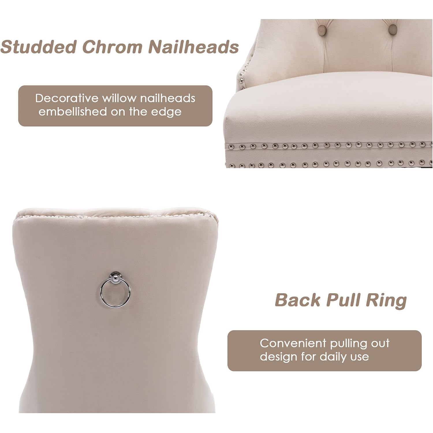 Velvet Dining Chairs Set Of 4, Upholstered High-End Tufted Dining Room Chair With Nailhead Back Ring Pull Trim Solid Wood Legs, Nikki Collection Modern Style For Kitchen, Beige