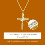 GILDED Small 10 Karat Yellow Gold Natural Round-Cut Diamond Accent 3 Stone Cross Pendant with an 18 Inch Chain