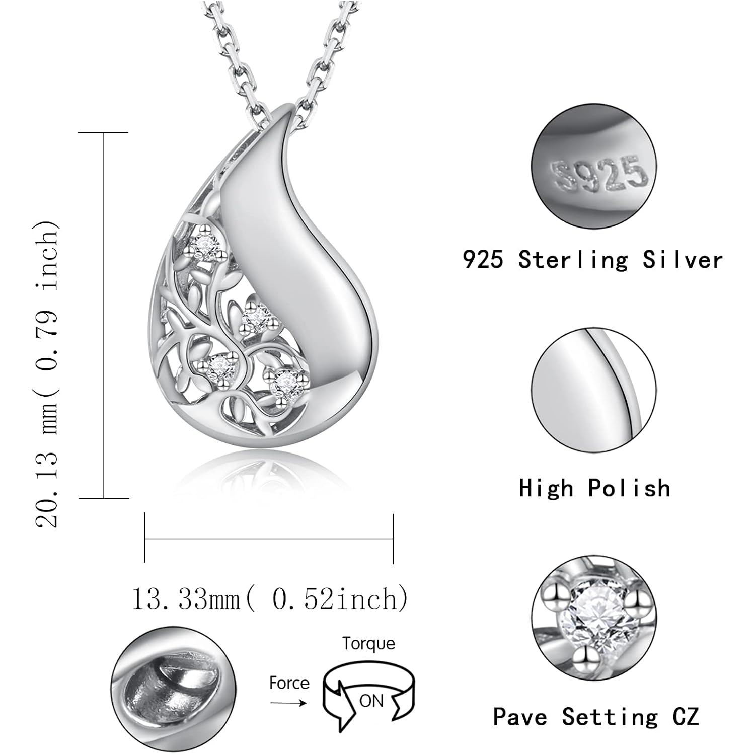 925 Sterling Silver Tree of Life Teardrop Urn Necklace for Ashes Family Tree Keepsake Cremation Pendant Memorial Jewelry for Women