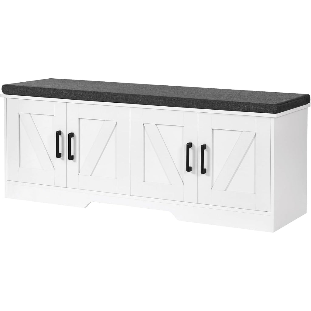 Homsho Farmhouse Shoe Storage Bench With 4 Barn Doors & Padded Seat Cushion | 47.2" Wide Entryway Bench With Adjustable Shelves & Hidden Storage, White
