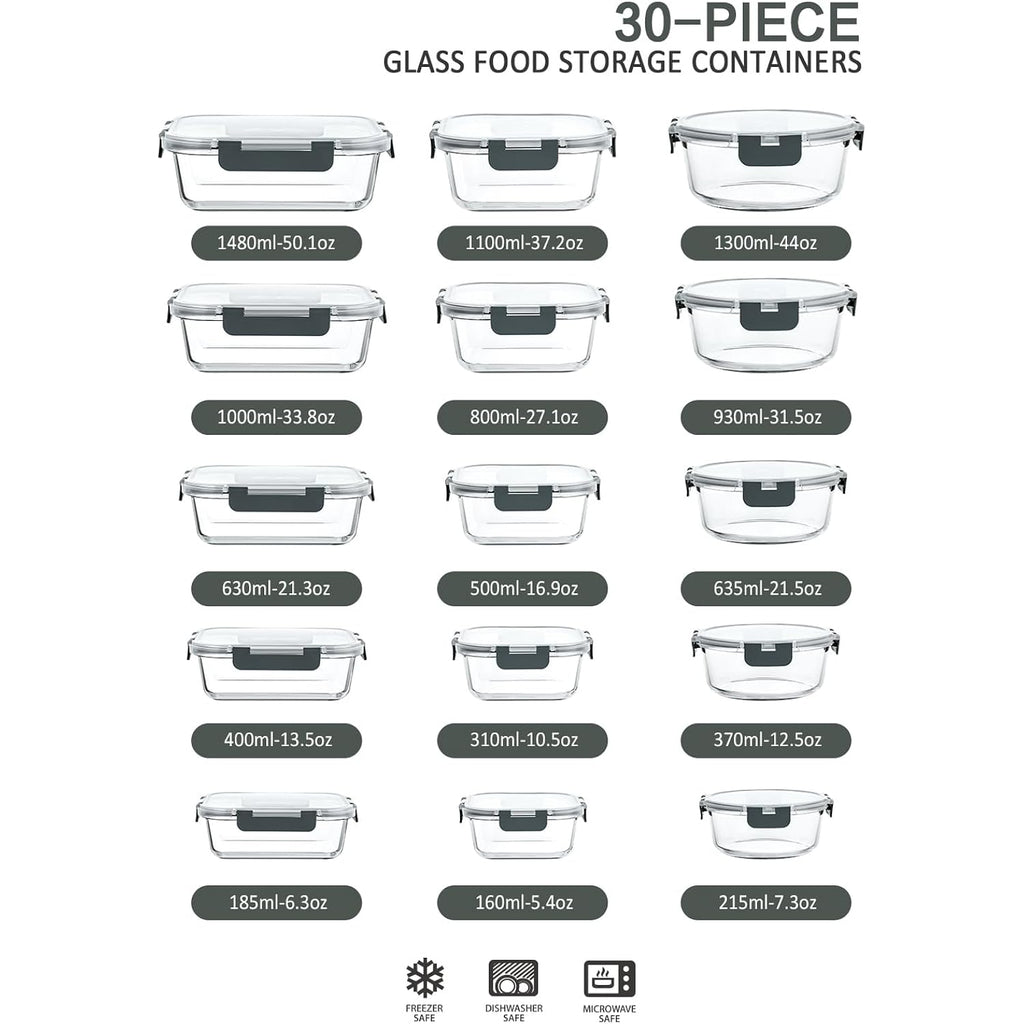M Mcirco 30 Pieces Glass Food Storage Containers With Snap Locking Lids,Glass Meal Prep Containers Set - Airtight Lunch Containers, Microwave, Oven, Freezer And Dishwasher