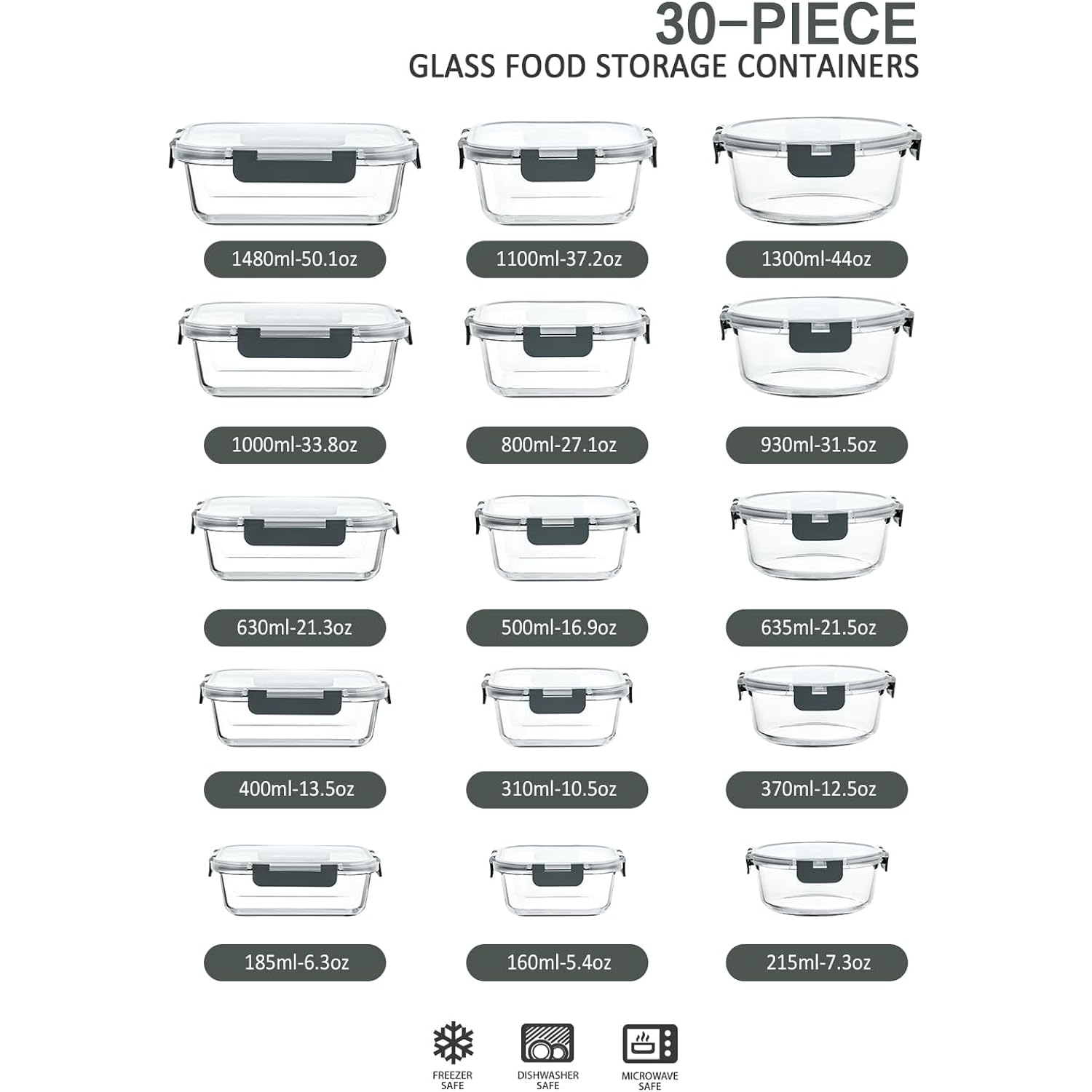 M Mcirco 30 Pieces Glass Food Storage Containers With Snap Locking Lids,Glass Meal Prep Containers Set - Airtight Lunch Containers, Microwave, Oven, Freezer And Dishwasher