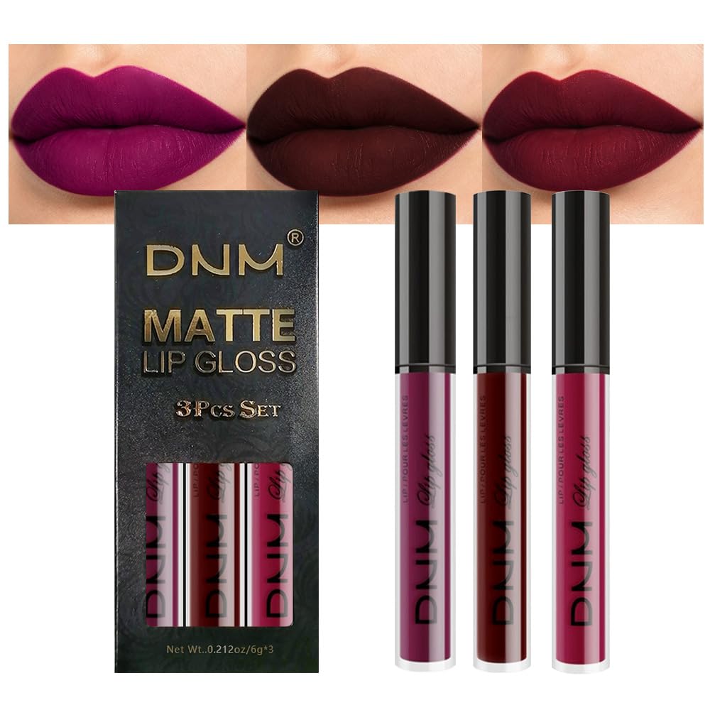 Evpct 3Pcs Dark Red Purple Plum Matte Liquid Lipstick Sets For Women Matte Lip Stain Long Lasting Waterproof, Burgundy Blood Blue Red Lipstick, Black Cherry Maroon Gothic 24 Hours Magic Lipsticks