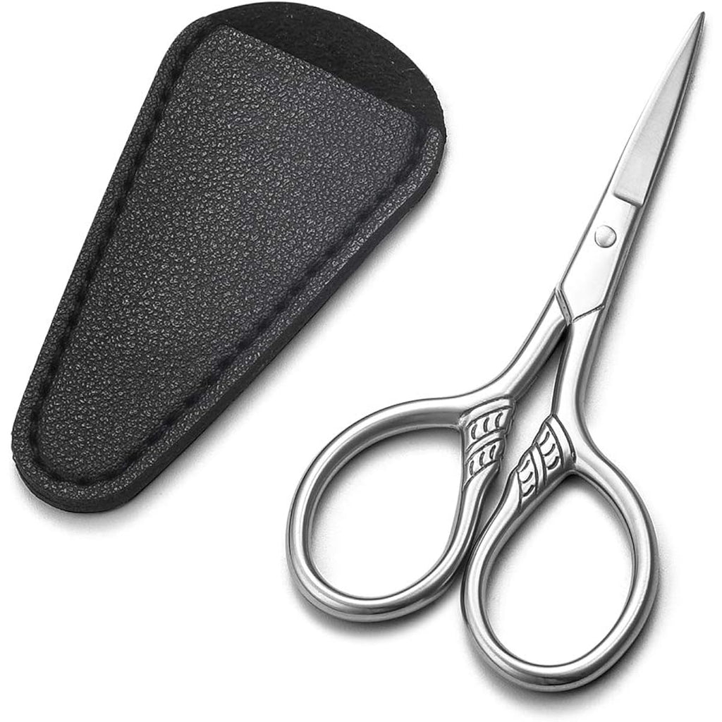 Small Precision Scissors, 3.5Inch Stainless Steel Multi-Purpose Vintage Beauty Grooming Kit For Facial Hair, Eyebrow, Eyelash, Beard, Moustache With Pu Sheath