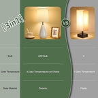 Small Bedside Table Lamp For Bedroom - Reading Desk Lamp With 3 Color Temperatures，15.5" Nightstand Ceramic Lamp With Fabric Shade For Kids Room,Living Room,Dorm,Home Office (White)