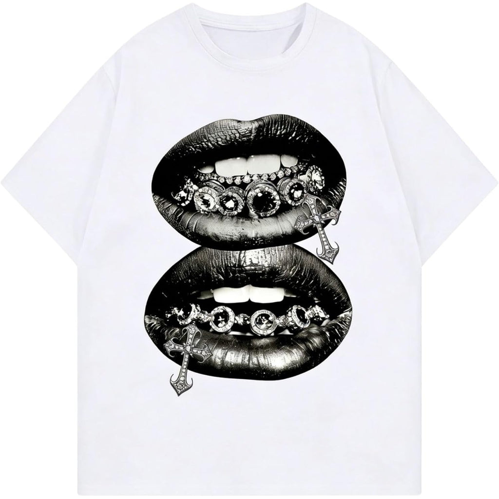 Verdusa Graphic Tees For Women Lips Print 2000S Clothing Short Sleeve Graphic T Shirts Y2K Going Out Tops