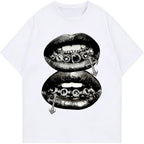 Verdusa Graphic Tees For Women Lips Print 2000S Clothing Short Sleeve Graphic T Shirts Y2K Going Out Tops