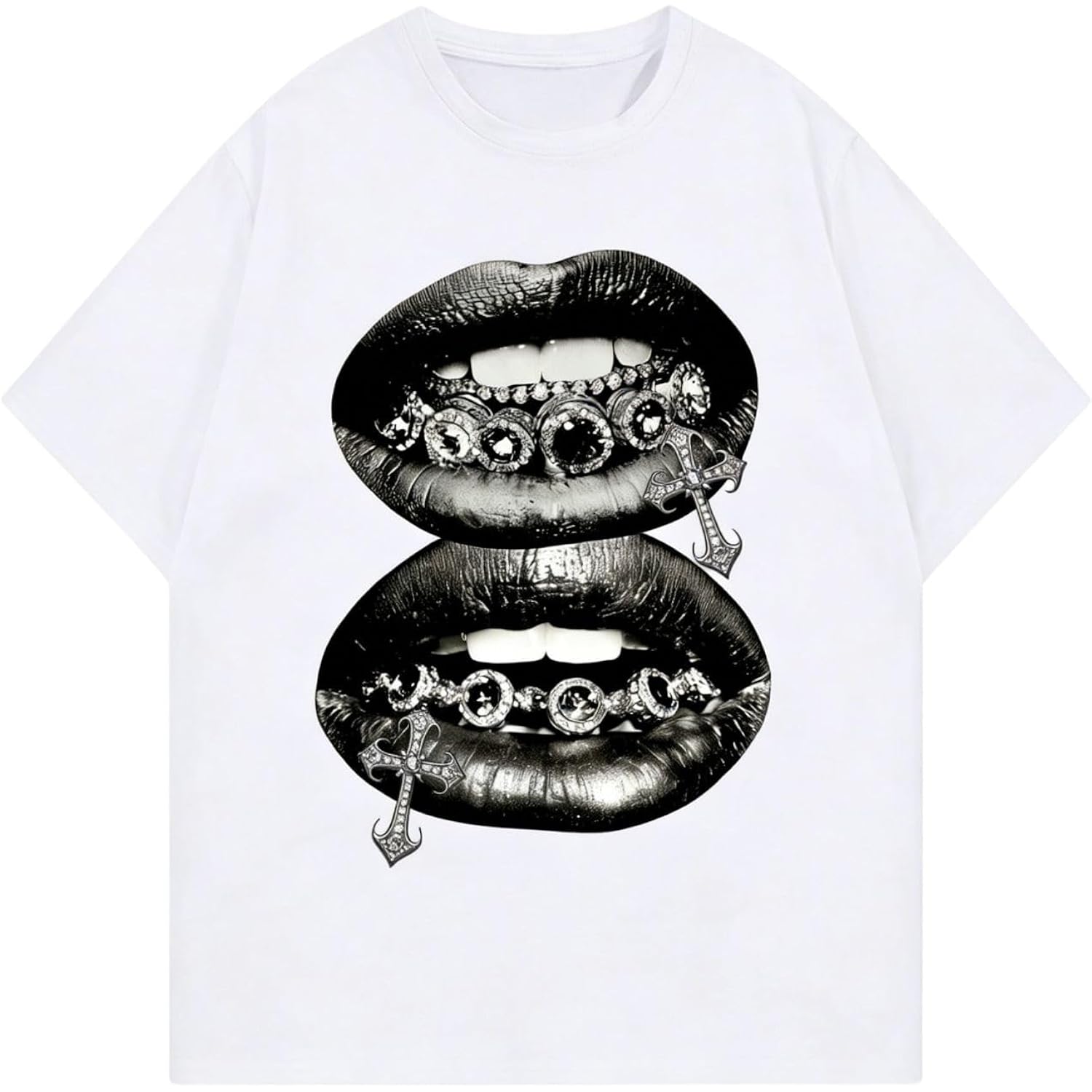 Verdusa Graphic Tees For Women Lips Print 2000S Clothing Short Sleeve Graphic T Shirts Y2K Going Out Tops