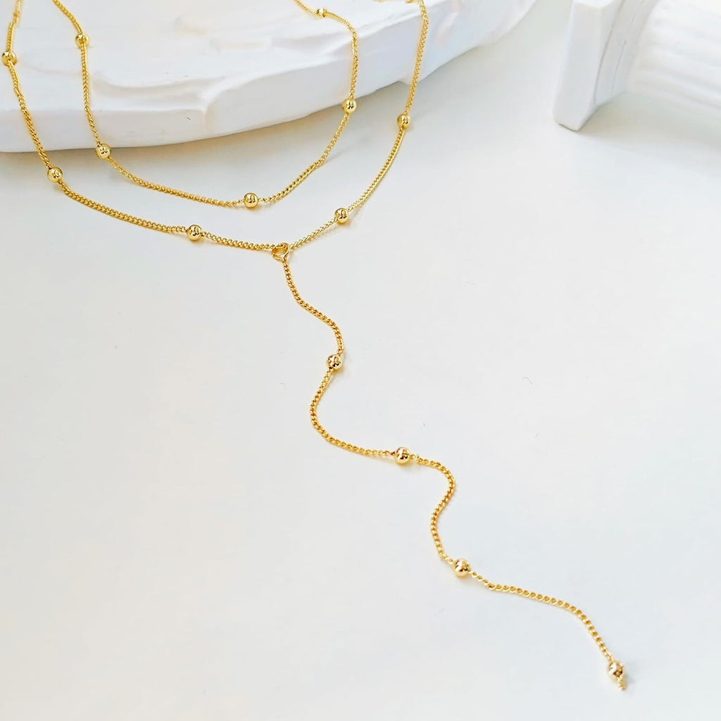 Luxval Lariat Gold Necklace for Women, Dainty Long Necklace 14k Gold Plated/Silver Y-Shaped Pendant Necklaces Trendy Beaded Chain Drop Necklaces Jewelry for Women Gifts