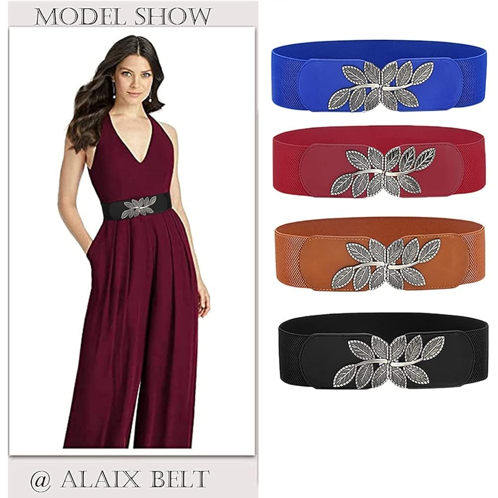 Women's Stretchy Belt for Dress Vintage Wide Gold/silver Leaf Buckle Waist Belts for women Elastic Waistband