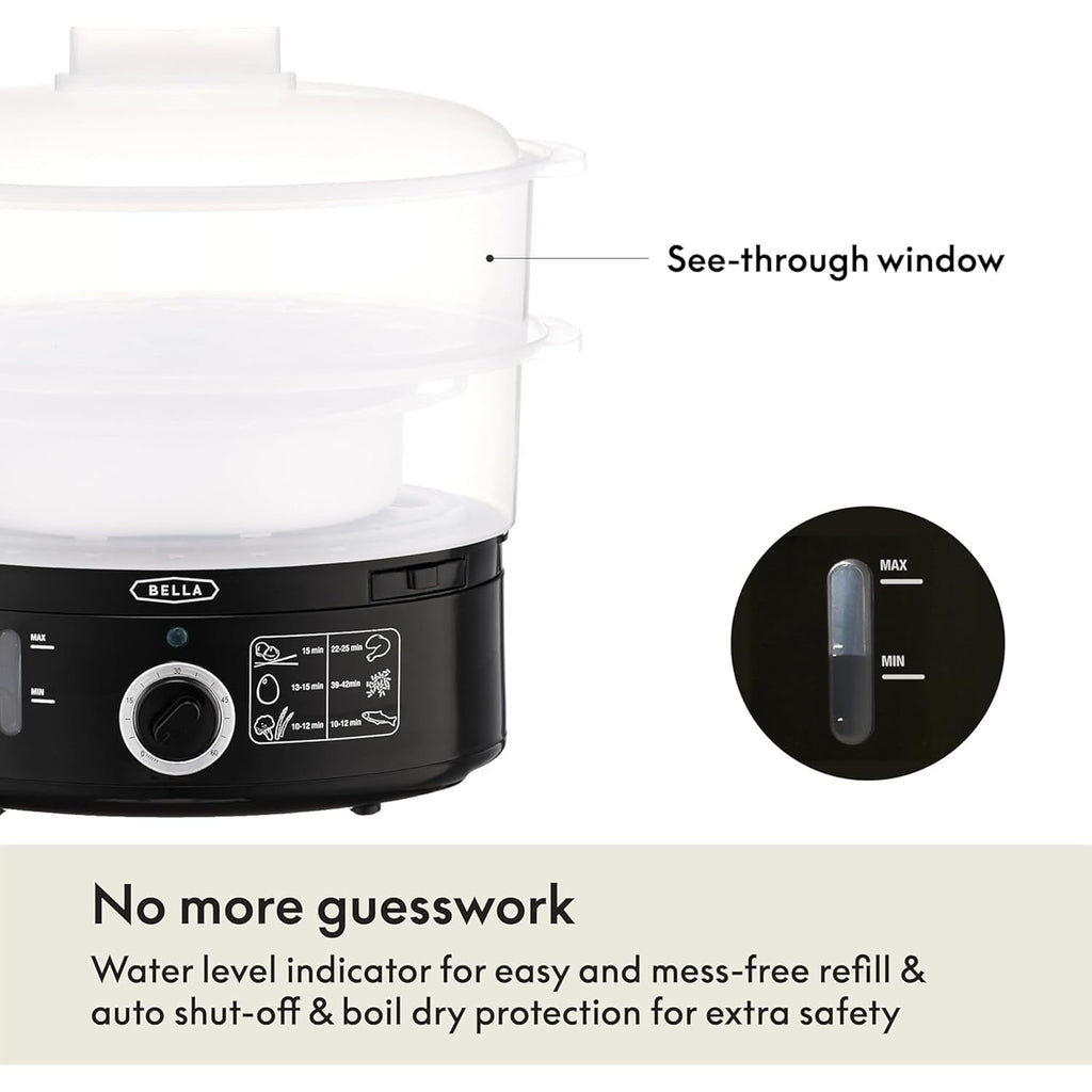 BELLA Two Tier Food Steamer with Stackable Baskets & Removable Base for Fast Simultaneous Cooking - Auto Shutoff & Boil Dry Protection, 7.4 QT, Black