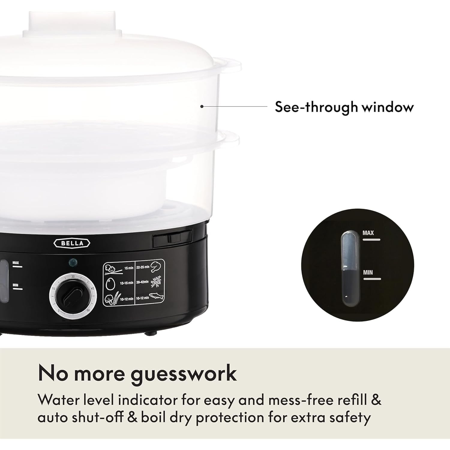 BELLA Two Tier Food Steamer with Stackable Baskets & Removable Base for Fast Simultaneous Cooking - Auto Shutoff & Boil Dry Protection, 7.4 QT, Black