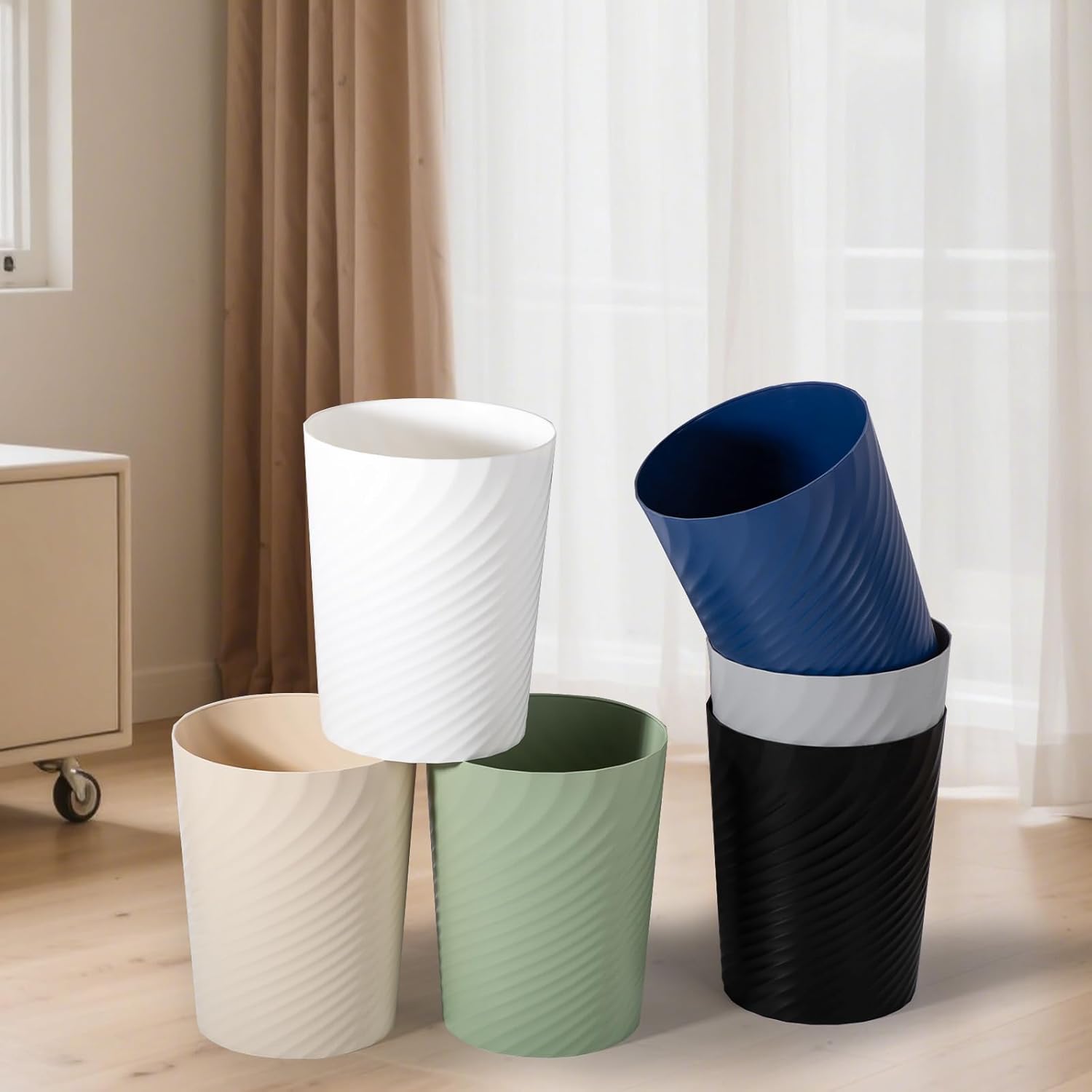 Bathroom Small Trash Can With Trash Bag Plastic Garbage Can Round Waste Basket For Bathrooms, Laundry Room, Kitchens, Offices, Kids Rooms, Dorms, 1.8 Gallons, 3 Pack (White)