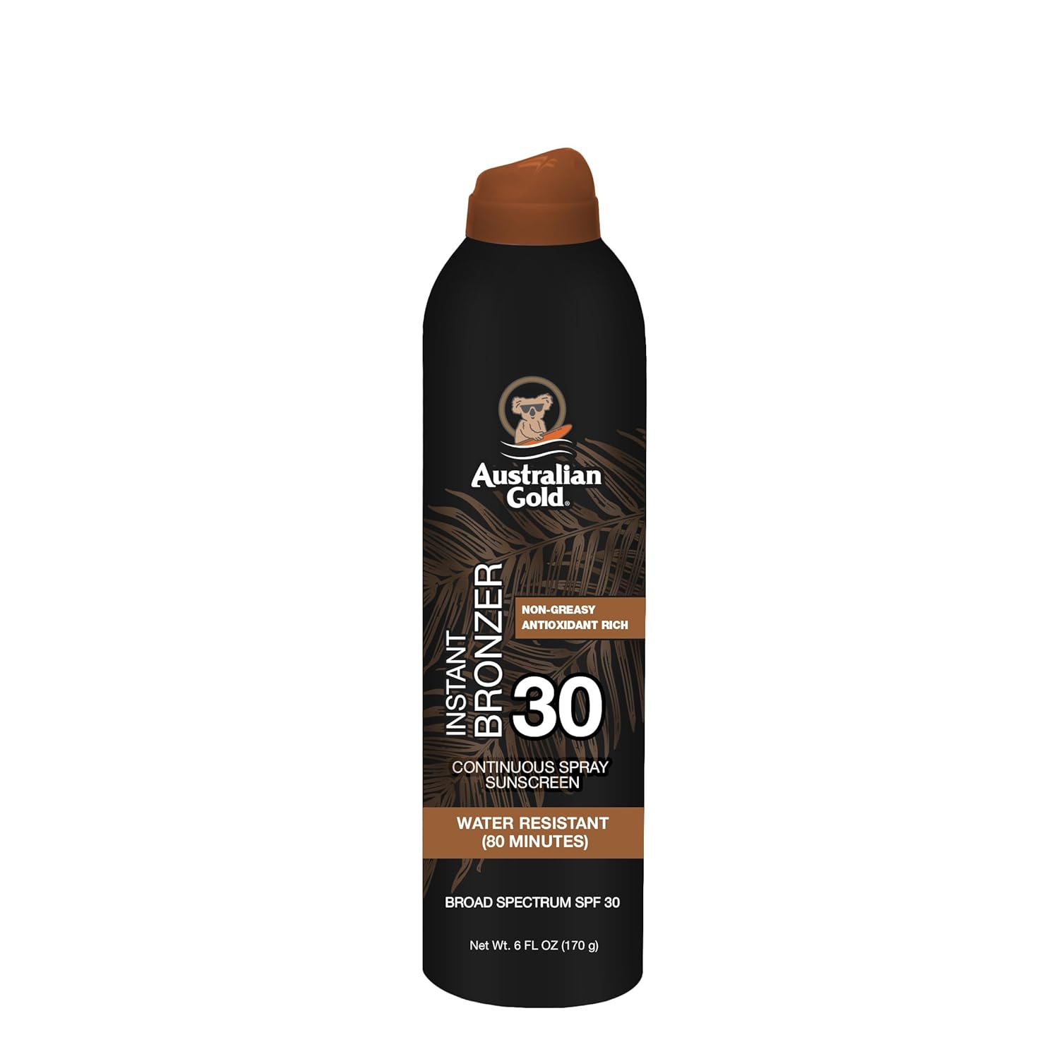 Australian Gold Continuous Spray Sunscreen with Instant Bronzer SPF 30, Immediate Glow & Dries Fast Water Resistant NonGreasy Oxybenzone Free Cruelty Free, Bronzer New, Orange, 6 Oz