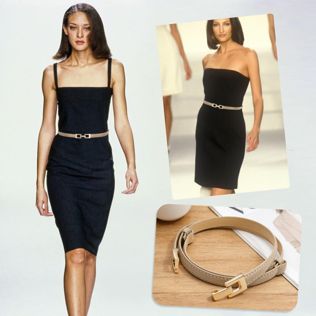 Glamorstar Skinny Belts for Women Thin PU Leather Waist Belt with Gold Buckle for Dresses