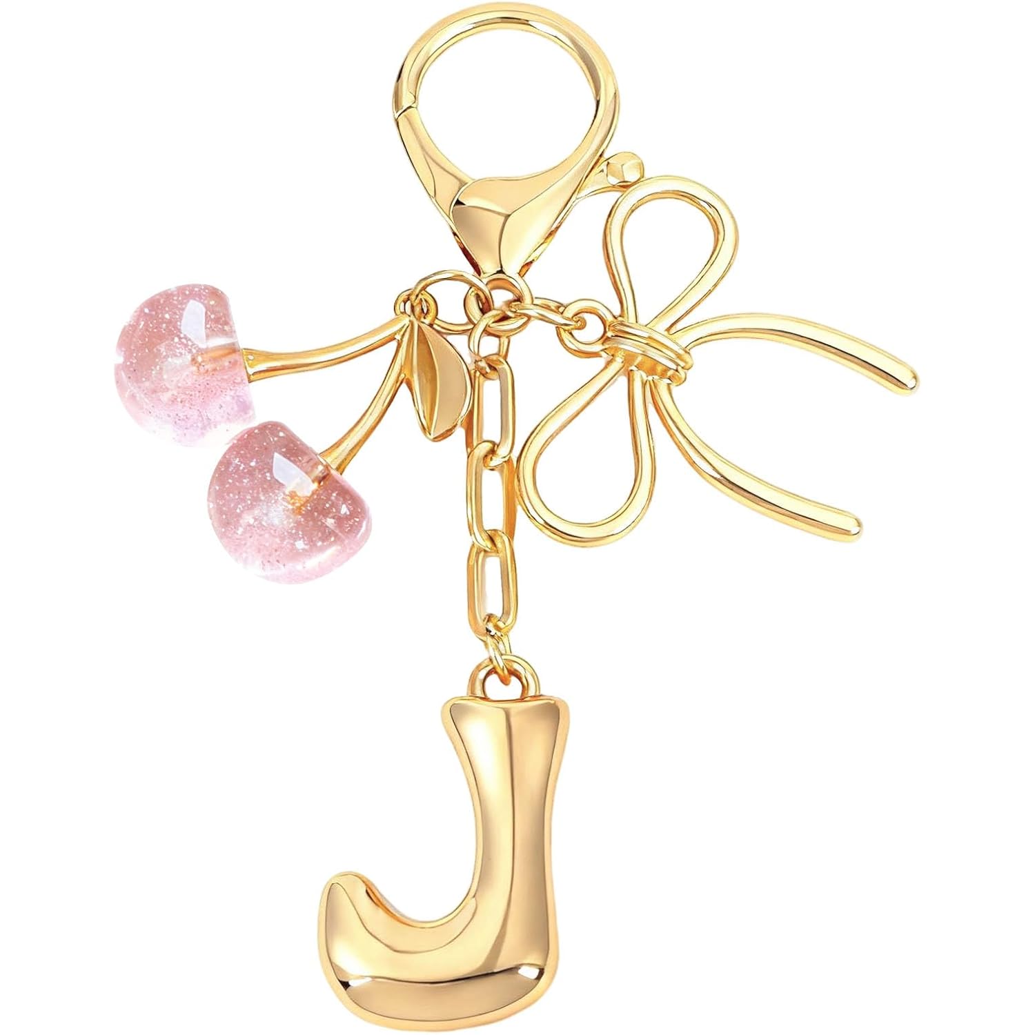Snycler Bubble Initial Keychain with Bow & Cherry - Gold Letter Bag Charms for Women, Cute Purse Handbag Accessories