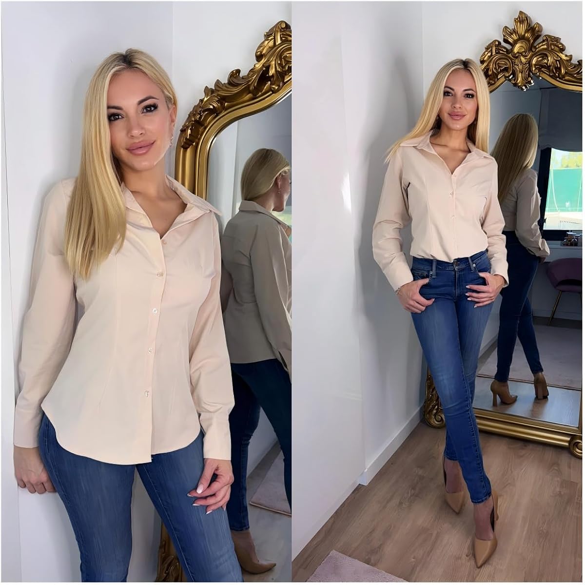 Women's Button Down Shirts Long Sleeve Dress Shirt Slim Fitted Work Tops Collared Dressy Casual Business Blouses