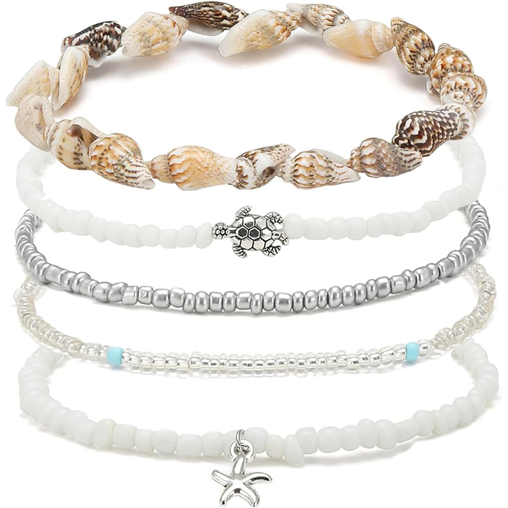 Ankle Bracelets for Women Stretch Boho Pearl Bead Gold Anklets Layered Sequins Foot Chain Hawaiian Beach Conch Summer Vacation Travel Foot Jewelry
