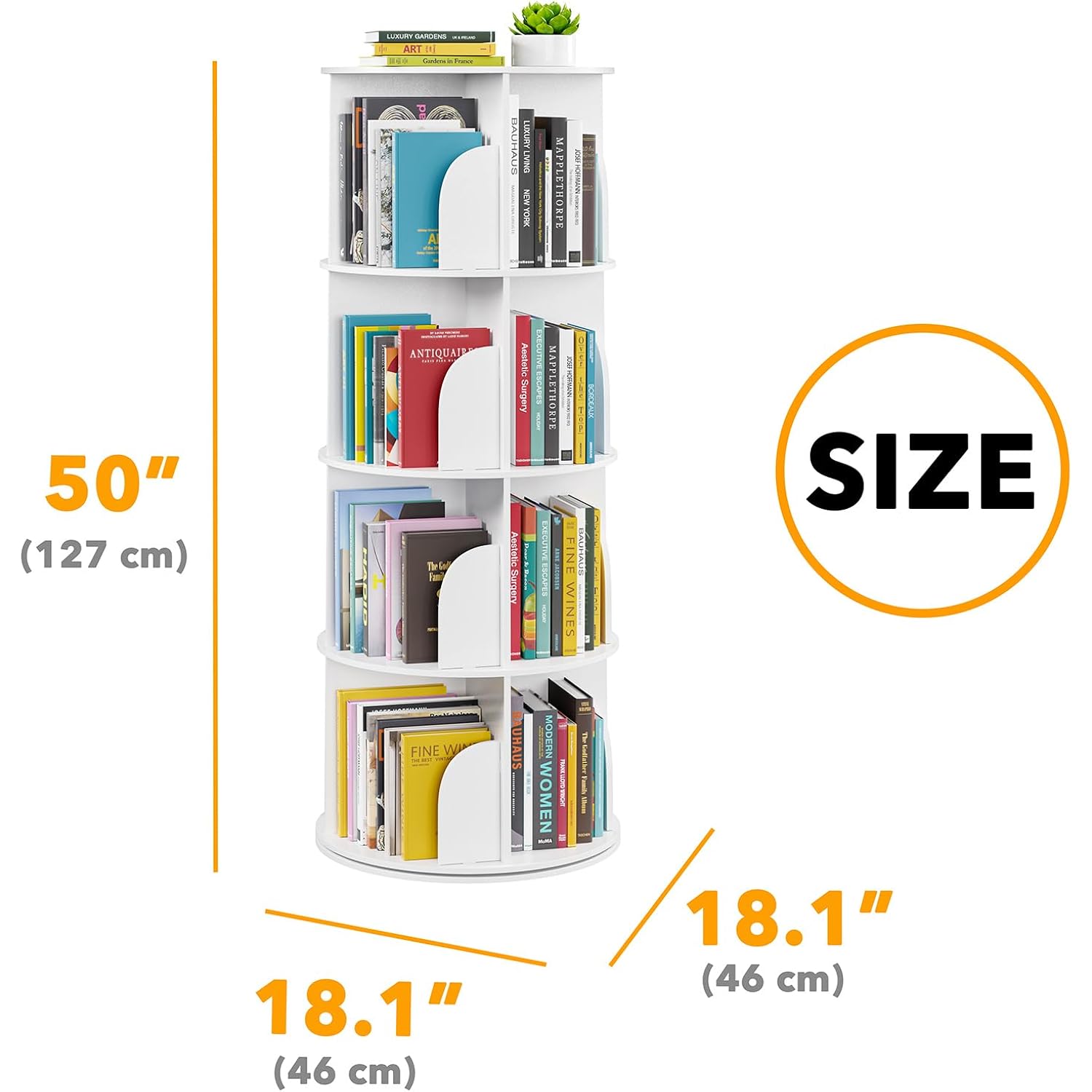 Spaceaid 4 Tier Rotating Bookshelf Tower, Spinning Bookcase Lazy Susan, Revolving 360 Book Shelf Storage Round Carousel, Vertical Rotate Turning Spiral Corner Organizer, White
