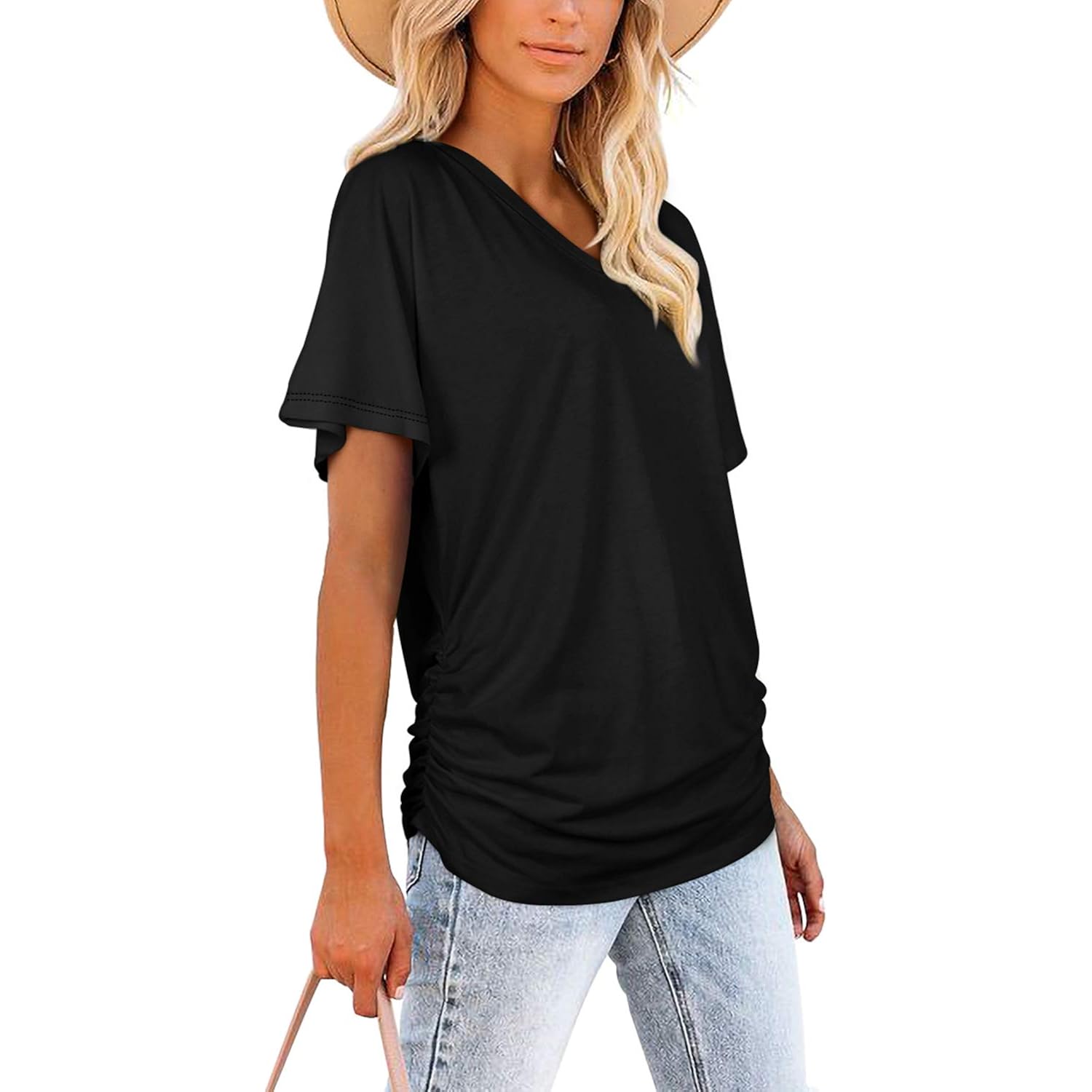 WIHOLL Womens Summer T-Shirts Short Sleeve V Neck Dolman Tops with Side Shirring Loose Fit Shirts Spring Fashion