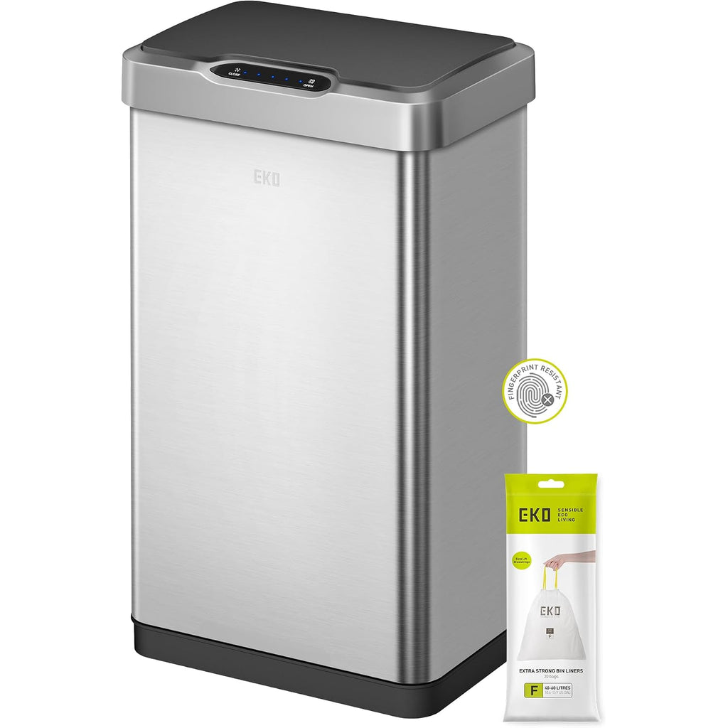 Eko Mirage-T 50 Liter / 13.2 Gallon Touchless Rectangular Motion Sensor Trash Can Or Recycling Bin, Brushed Stainless Steel Finish
