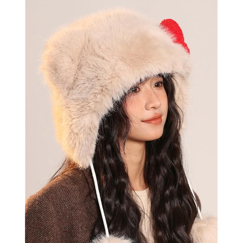 Pocadri Womens Winter Fluffy Faux Fur Trapper Hat Cute Cartoon Ear Beanie Cap Fleece Snow Hat with Earflap Festival Gifts