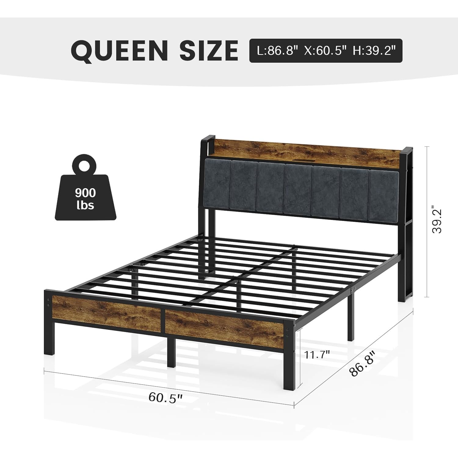 Liians Queen Size Bed Frame With Wood Headboard, Metal Platform Bed With Usb Charging Station And Smart Led Lights, No Box Spring Needed, Easy Assembly