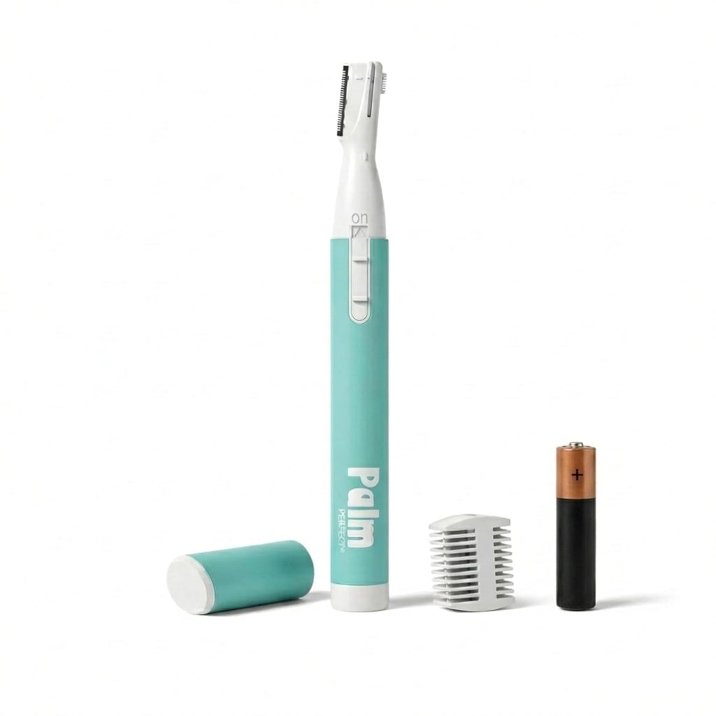 PalmPerfect Personal Hair Trimmer – Painless Precision Shaver for Eyebrows, Upper Lip, Ears, and Nose – Stainless Steel Twin-Blade Groomer with Dual-Length Comb & Battery Included
