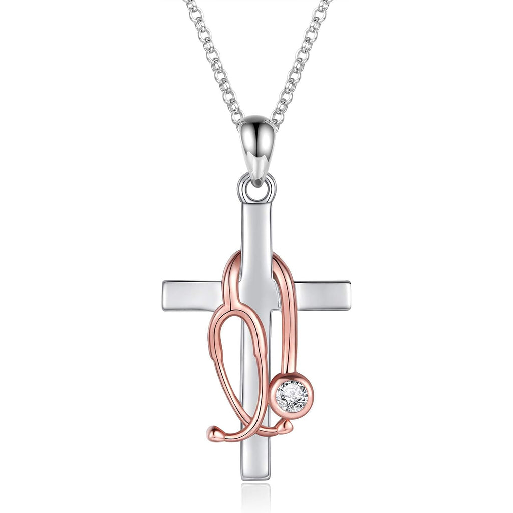 Sterling Silver Stethoscope Cross Necklace Earrings Bracelet Ring Women Medicine Pendant Jewelry Nurse Doctor Graduation Gift for Medical Student