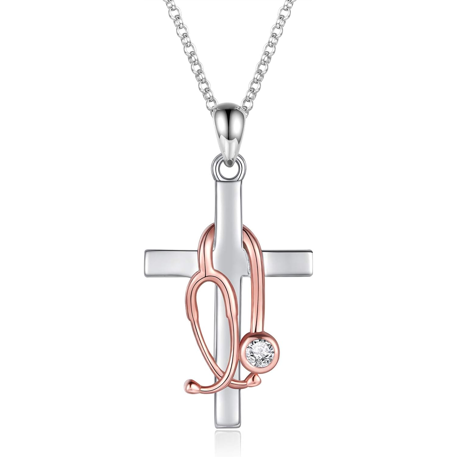 Sterling Silver Stethoscope Cross Necklace Earrings Bracelet Ring Women Medicine Pendant Jewelry Nurse Doctor Graduation Gift for Medical Student