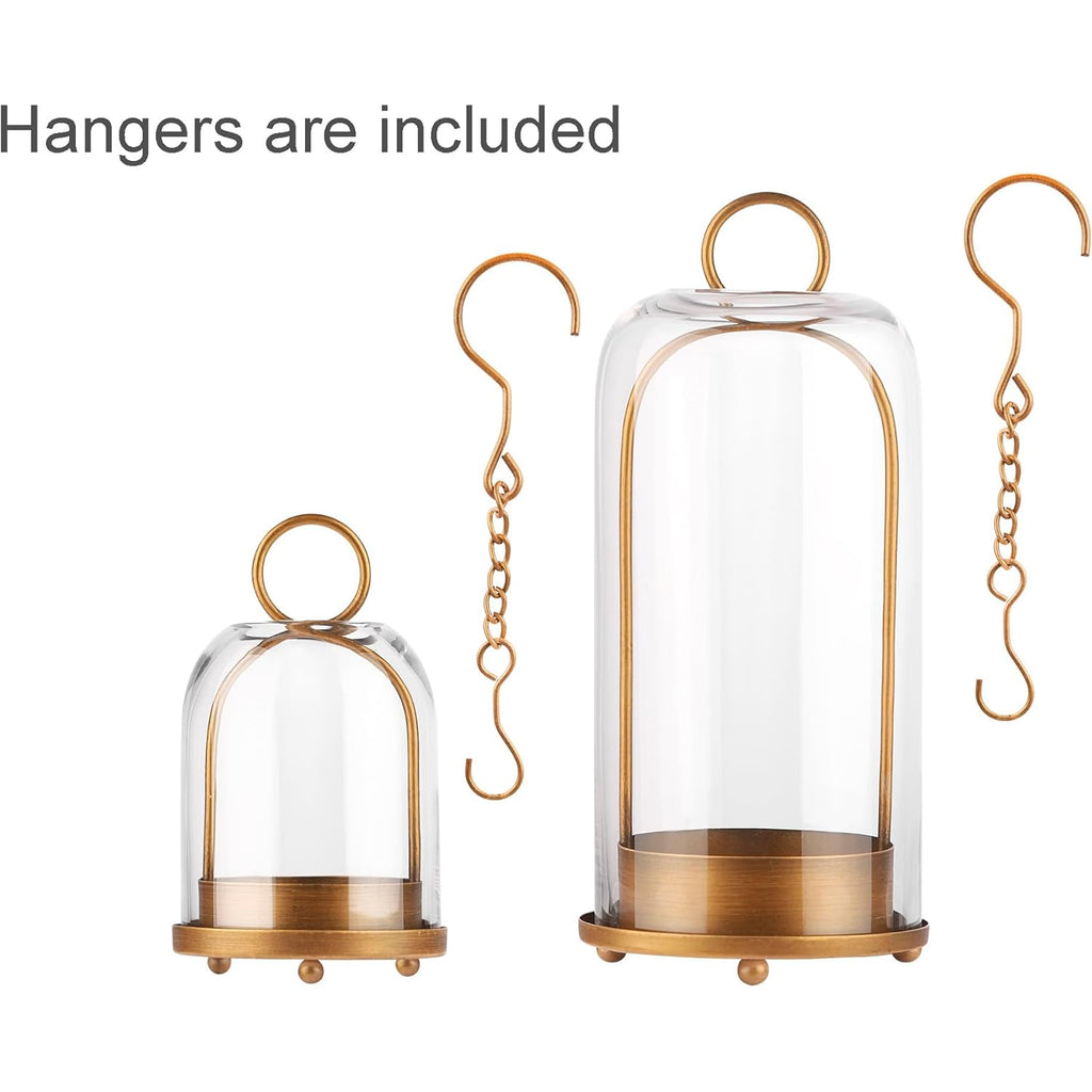 5" & 4" Wide Versatile Metal Candle Holder with Handmade Sturdy Glass Dome in Brass for Pillar Candle & Plants, 5.1" xH11.8 4" xH7.5, Industrial, Farmhouse, Shabby Chic. (2, Brass, Large & Small)