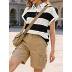 Womens Striped Polo Shirts Summer Short Sleeve Rugby Shirt Oversized Cotton Collared Casual Loose Cropped Tee Tops