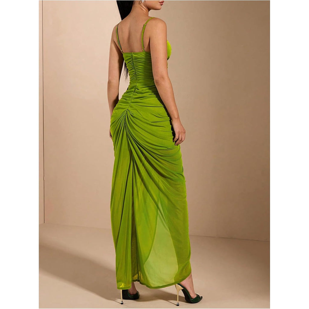 Floerns Women'S Ruffle Ruched Cami Dress Draped Split Elegant Bodycon Maxi Dresses